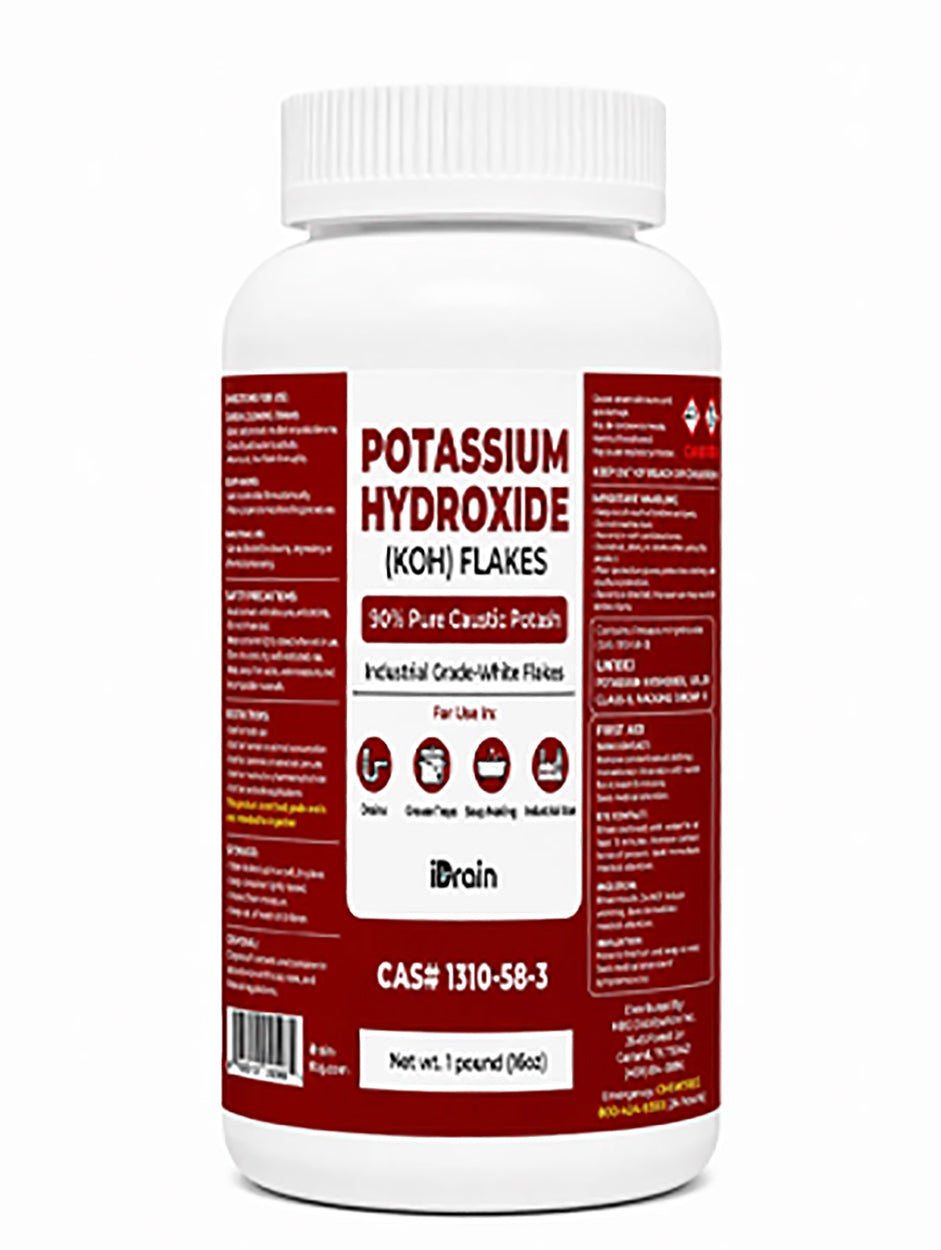 iDrain Potassium Hydroxide (KOH) Flakes 90% Pure – Industrial Strength Caustic Potash – Heavy-Duty Cleaner, Soap Making & Industrial Applications – 1 lb - Pack Selection Available