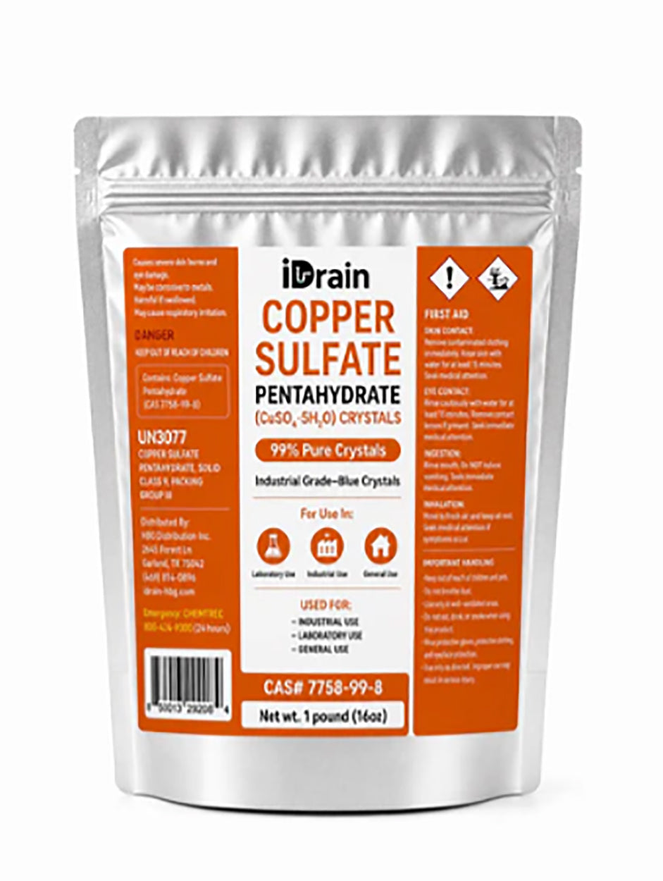 iDrain Copper Sulfate Crystals – Industrial Grade Copper Sulfate Pentahydrate – Root Killer, Algae Control & Multi-Purpose Industrial Applications – 1 lb - Pack Selection Available