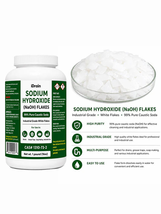 iDrain Sodium Hydroxide (NaOH) Lye Flakes 99% Pure – Industrial Strength Caustic Soda Drain Opener &amp; Multi-Purpose Cleaner – 1 lb - Pack Selection Available
