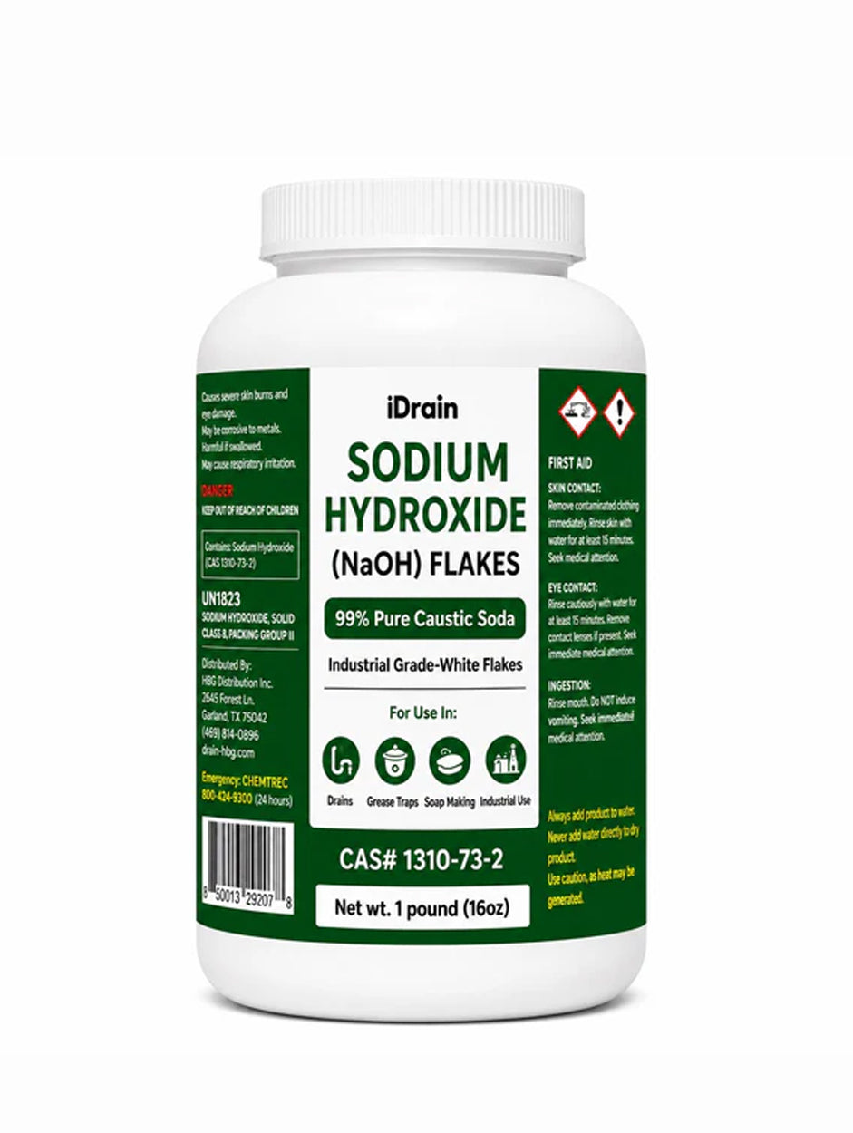 iDrain Sodium Hydroxide (NaOH) Lye Flakes 99% Pure – Industrial Strength Caustic Soda Drain Opener &amp; Multi-Purpose Cleaner – 1 lb - Pack Selection Available